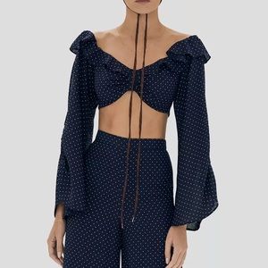 ALEXIS *Ewa* navy polka dot linen boho crop top M